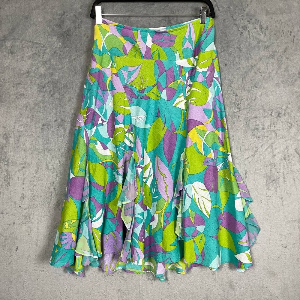 100% Linen Floral Flounce Midi Skirt Size 14 Colorful Boho